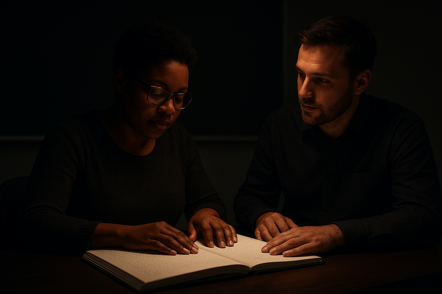 Nighttime street scene with a mobility specialist guiding an adult learner using a white cane across a crosswalk under a single streetlamp, the background fading into darkness for contrast.